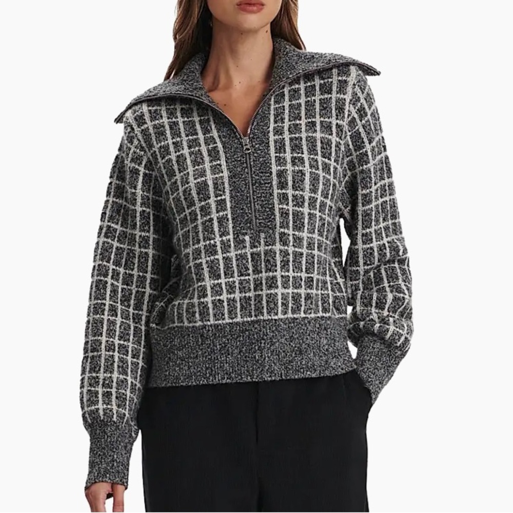 NWT Varley Furley Half Zipโ Knit Gray White Plaid Medium